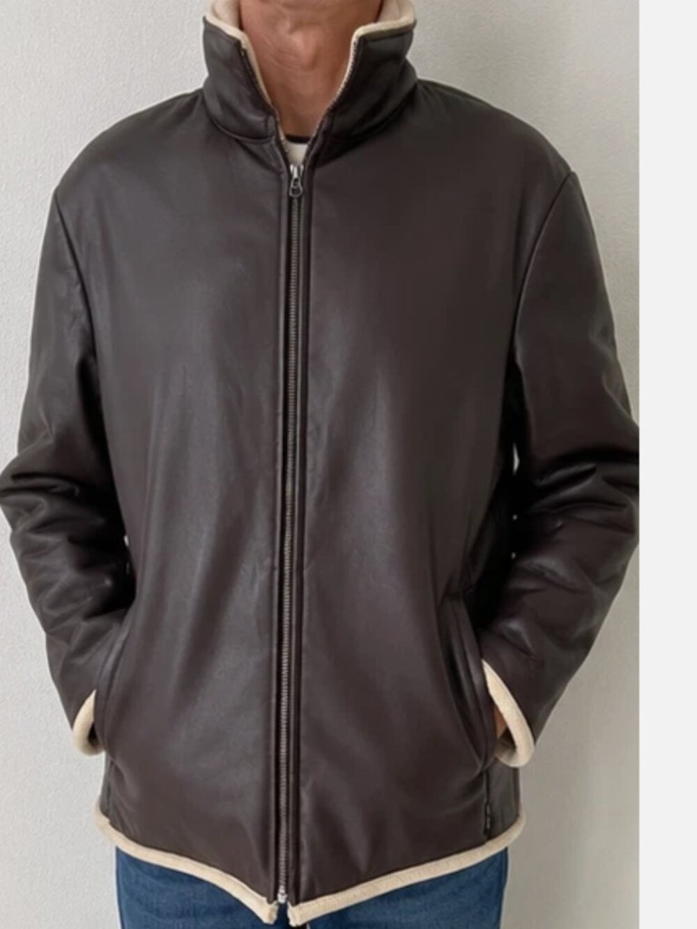 Armani Exchange A|X Mens L Brown Faux Leather Sherpa Lined Jacket Full Zip Y2K